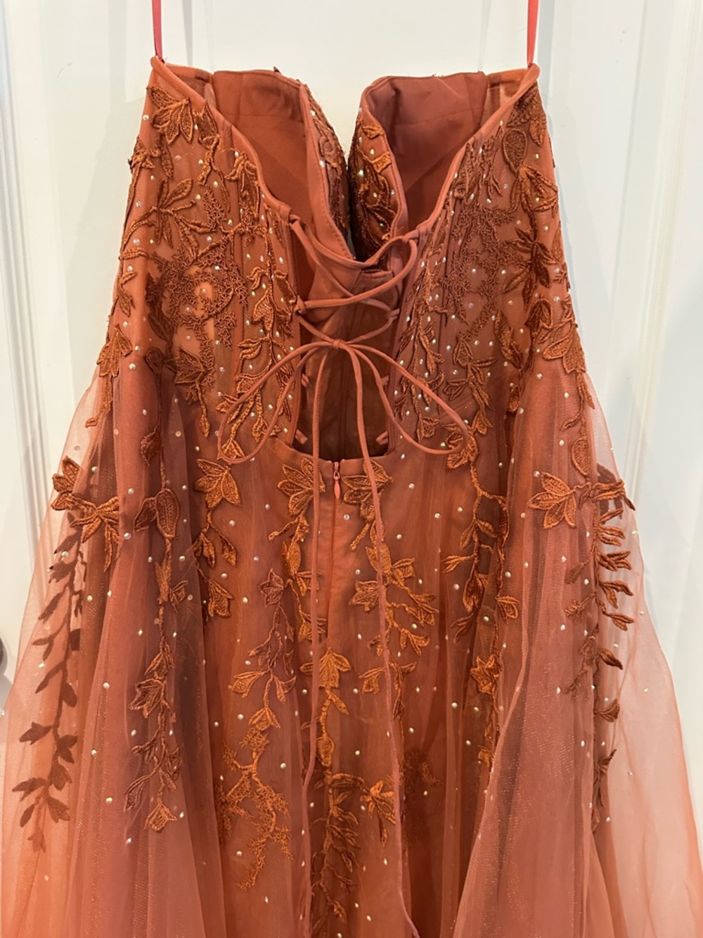 Strapless Sweetheart Lace Applique Evening Gown in Rust Brown - Picture 6 of 7